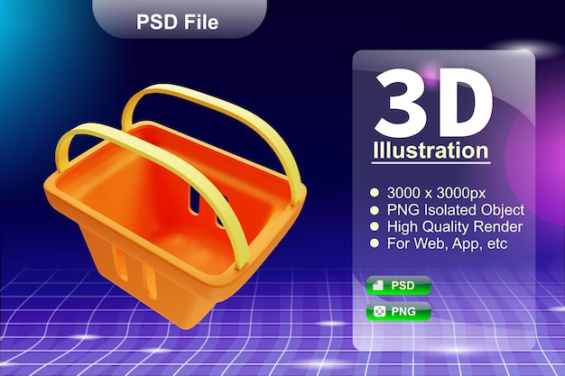 Psd 3d render negocio e ilustración de tienda en línea de la aplicación de cesta de la compra icono aislado