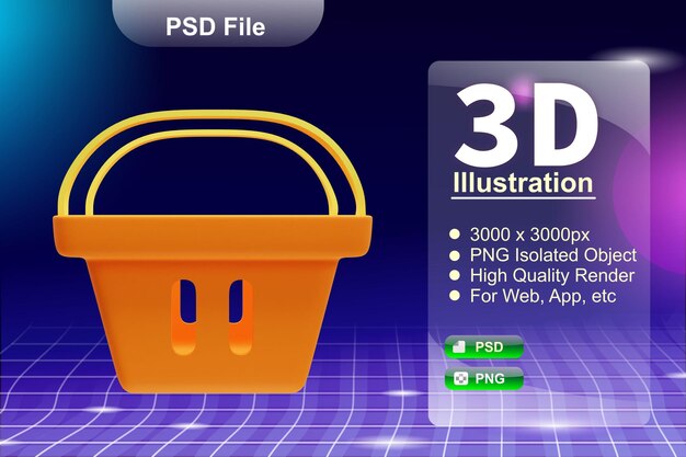 PSD 3D render negocio e ilustración de tienda en línea de la aplicación de cesta de la compra icono aislado