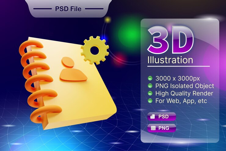 PSD psd 3d render negocio e ilustración de tienda en línea del icono de la aplicación notebook diary aislado