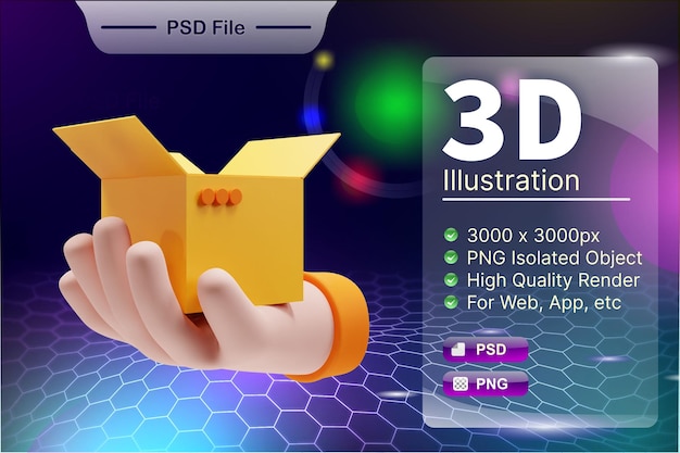 PSD psd 3d render negocio e ilustración de tienda en línea del icono de la aplicación packing box aislado