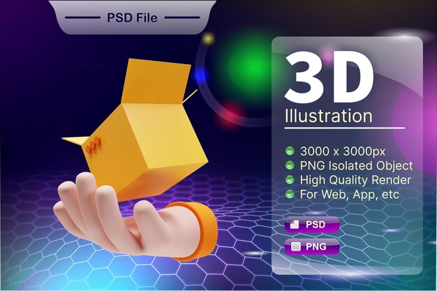 PSD 3D render negocio e ilustración de tienda en línea del icono de la aplicación Packing Box aislado