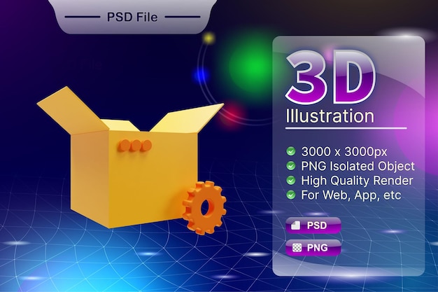 PSD 3D render negocio e ilustración de tienda en línea del icono de la aplicación Packing Box aislado