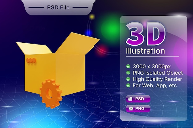 PSD 3D render negocio e ilustración de tienda en línea del icono de la aplicación Packing Box aislado
