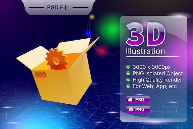 PSD psd 3d render negocio e ilustración de tienda en línea del icono de la aplicación packing box aislado