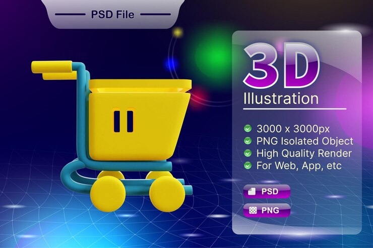 PSD psd 3d render negocio e ilustración de tienda en línea del icono de la aplicación shopping cart aislado