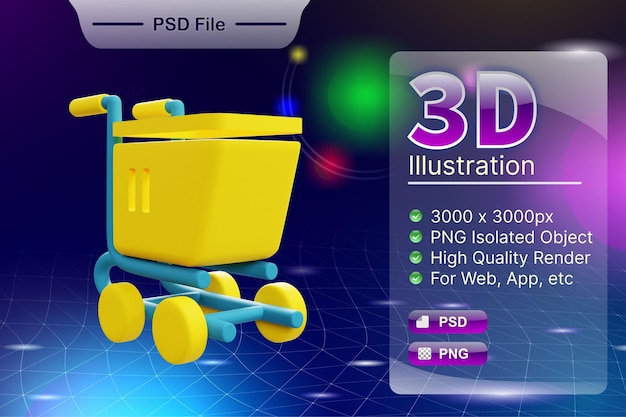PSD 3D render negocio e ilustración de tienda en línea del icono de la aplicación Shopping Cart aislado
