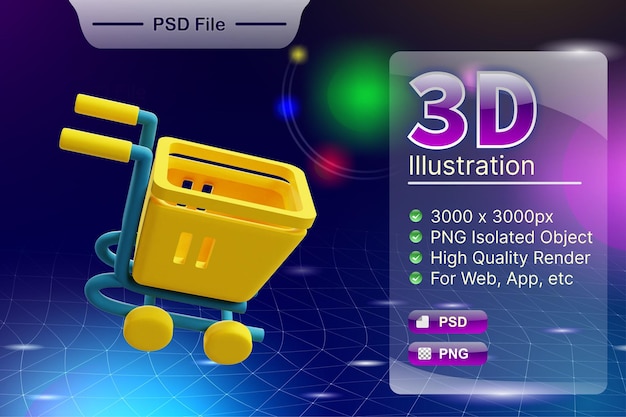 PSD 3D render negocio e ilustración de tienda en línea del icono de la aplicación Shopping Cart aislado