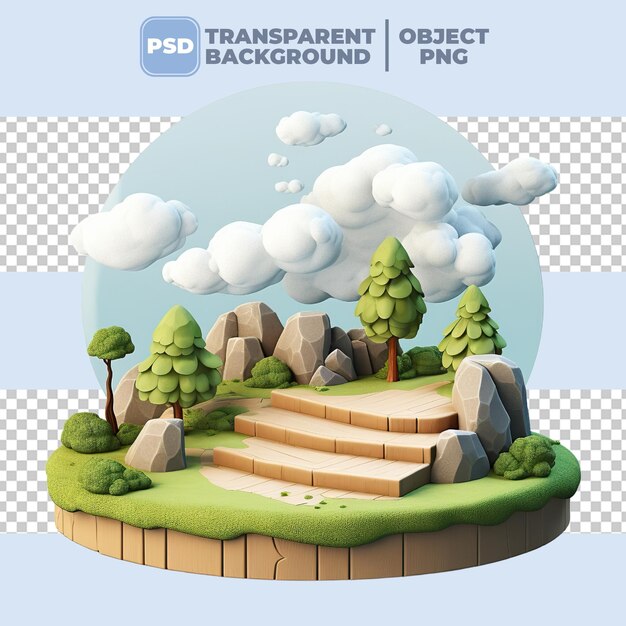 Psd 3d render de una tierra de fantasía con árboles y nubes en el cielo trasfondo transparente png