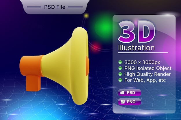 PSD psd 3d-rendergeschäft und online-shop-illustration des megaphon-ankündigungs-app-symbols isoliert