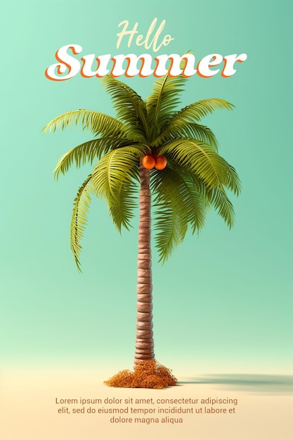 PSD 3D-Rendering Ein minimalistisches Poster für einen Strand mit einer Palme darauf Happy Summer