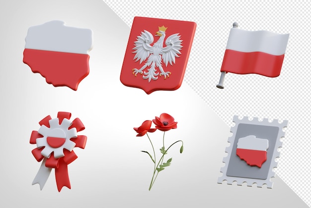 PSD psd 3d-rendering polens symbole ikonen sammlung weißer adler mohn briefmarke flagge band wappen