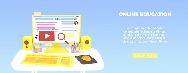PSD 3D-Rendering von Online-Bildung mit Desktop