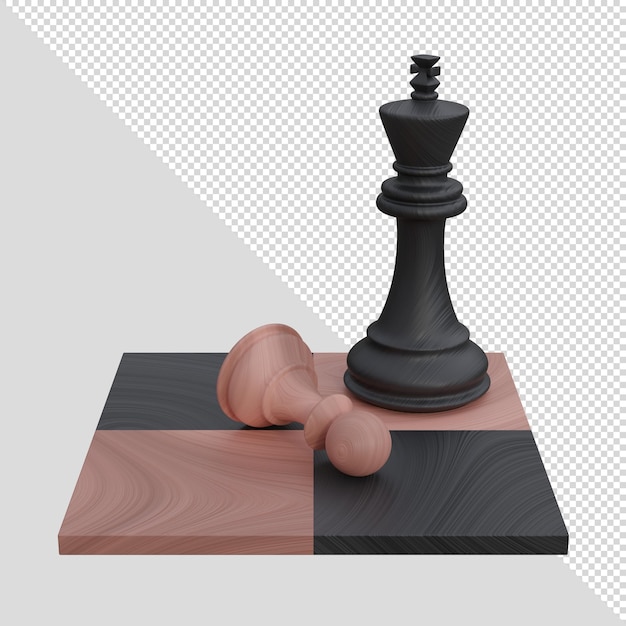 PSD psd 3d renderiza figuras de xadrez de madeira, peão e rei em um tabuleiro de xadrez