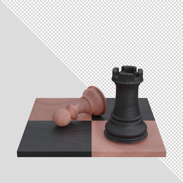 PSD psd 3d renderiza figuras de xadrez peão e torre em um tabuleiro de xadrez