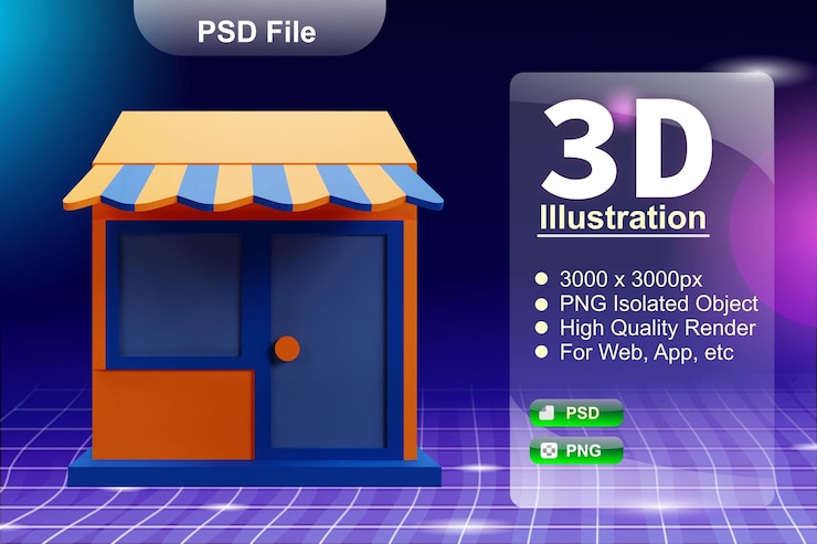 PSD psd 3d renderiza ilustração de negócios e loja online do ícone do aplicativo da loja online isolado