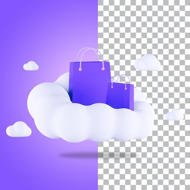 Psd 3d renderizado bolsas de compras con nubes