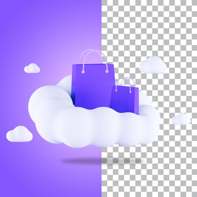 Psd 3d renderizando sacolas de compras com nuvens