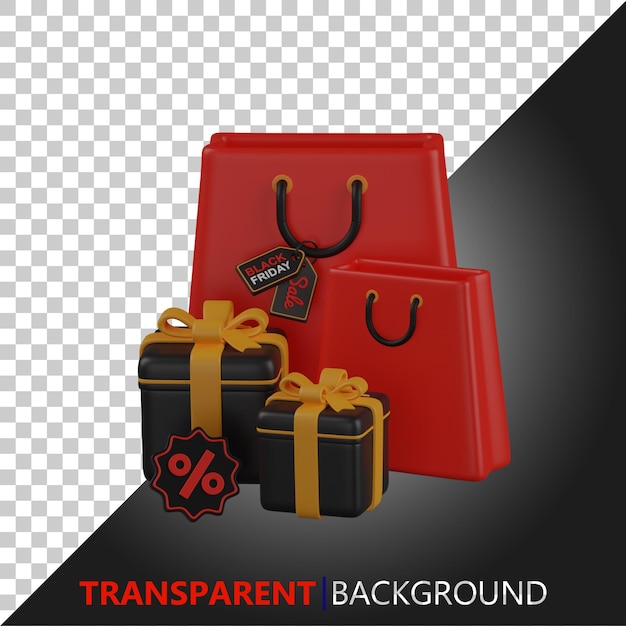 PSD 3d-Renderung von schwarzen Geschenken und roten Taschen