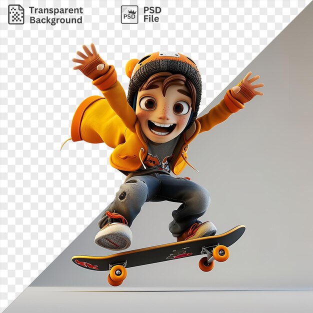 Psd 3d skateboarder caricatura clavando un truco que desafía la gravedad en un skateboard negro con ruedas naranjas y amarillas con un sombrero negro y pantalones vaqueros azules con la mano levantada