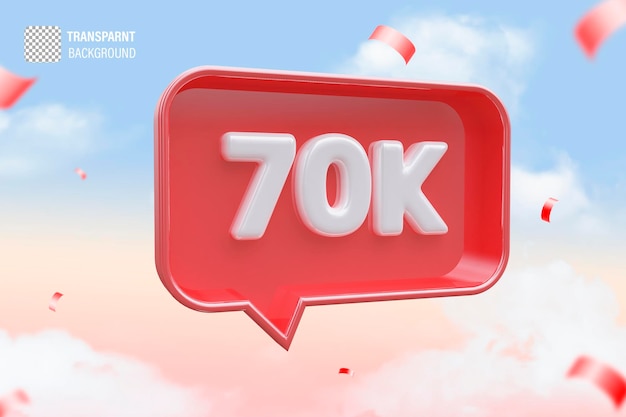 Psd 70k seguidores número rojo suscribirse icono 3d con fondo de cielo