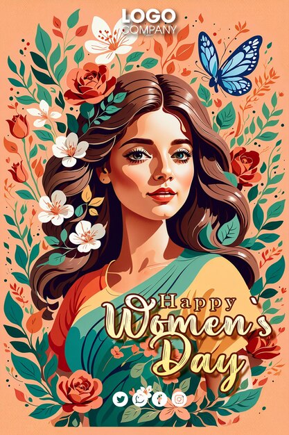 Psd 8 de março ilustração do dia internacional da mulher de uma mulher com cabelo longo usando flores