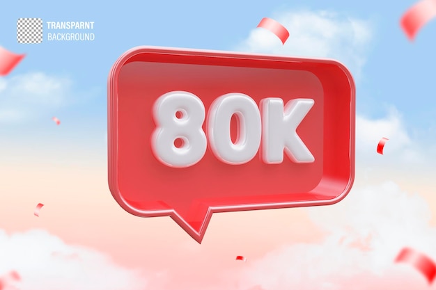 Psd 80k seguidores número rojo suscribirse icono 3d con fondo de cielo