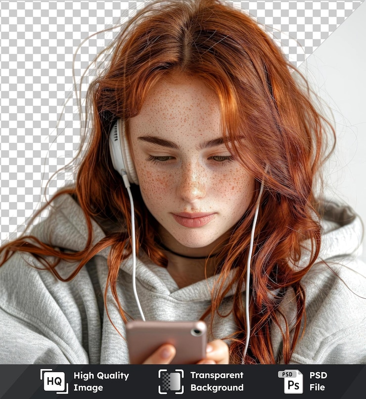 PSD psd con adolescente transparente pelirroja escuchando música con un móvil sobre fondo aislado