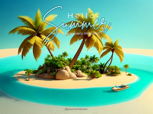 PSD psd une affiche pour bonjour l'été avec des palmiers et une scène de plage