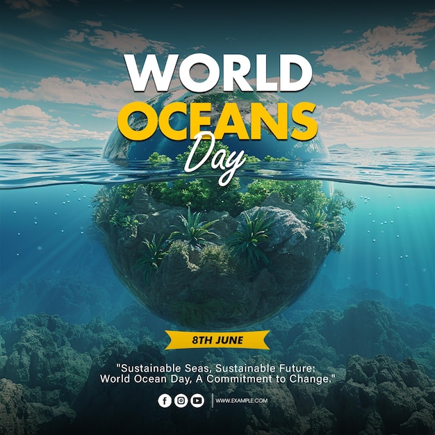 PSD psd une affiche pour le modèle d'affiche de la journée mondiale des océans avec la mer et sous l'océan en arrière-plan