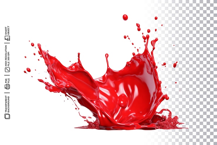 PSD psd aislado realista 3d rojo salpicadura y gotas de líquido en fondo transparente