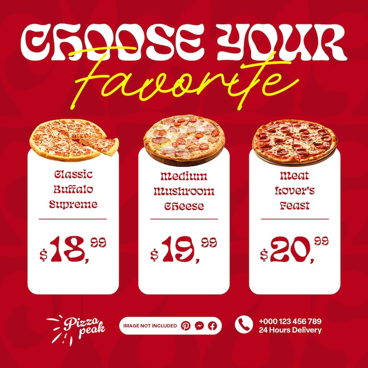 PSD psd alimentos elija su pizza favorita en el fondo rojo plantilla de publicación de instagram