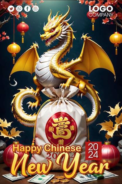 PSD psd année chinoise 2024 le dragon chine asiatique 3d sur fond rouge