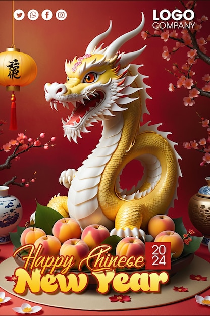 PSD psd ano novo chinês 2024 o dragão ásia china 3d em fundo vermelho