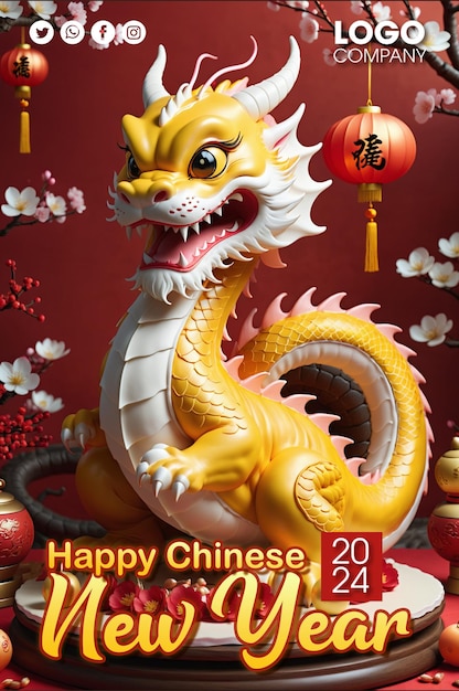 PSD Ano Novo Chinês 2024 o Dragão Ásia China 3d em fundo vermelho