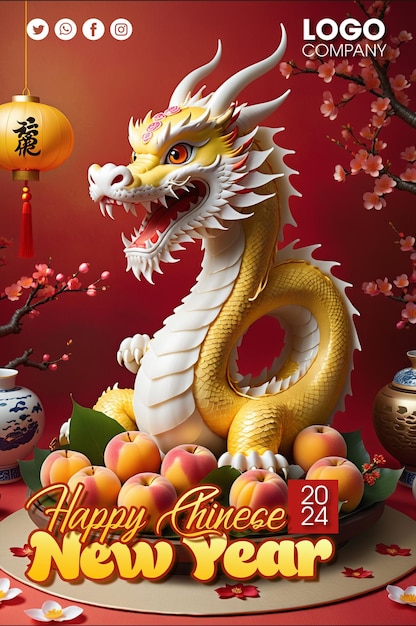 Psd año nuevo chino 2024 el dragón china asiática 3d en fondo rojo
