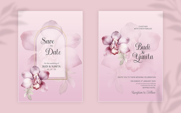 Psd-aquarell-hochzeitseinladung mit wunderschönen orchideenblüten