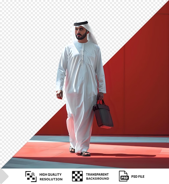 PSD psd arabian man in white hijab walking on red floor in front of red wall with black hand visible in foreground png psd