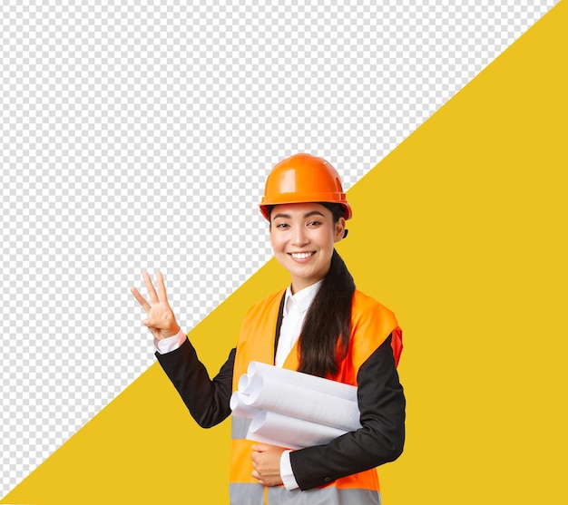 PSD-Arbeiterin mit orangefarbenem Helm und orangefarbener Weste mit durchsichtigem Hintergrund