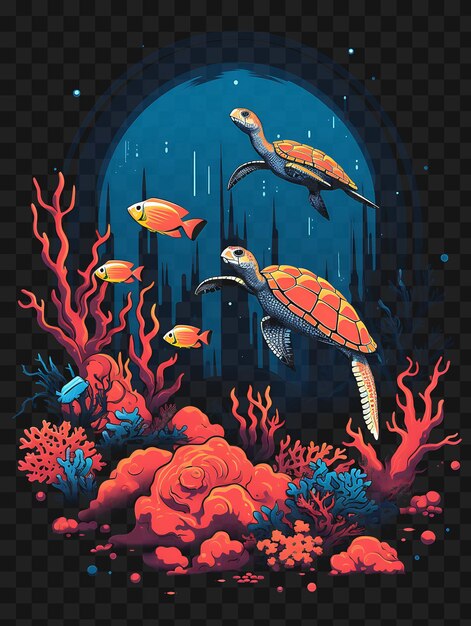 PSD psd de arrecife de coral con tortugas marinas peces coloridos coral vibrante y plantilla diseño de tatuaje clipart