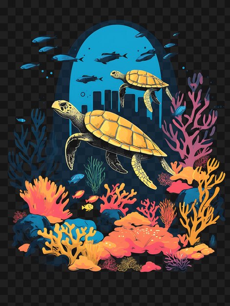 Psd de arrecife de coral con tortugas marinas peces coloridos coral vibrante y plantilla diseño de tatuaje clipart