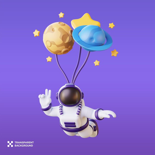 PSD-Astronaut fliegt mit Ballon 3D-Illustration