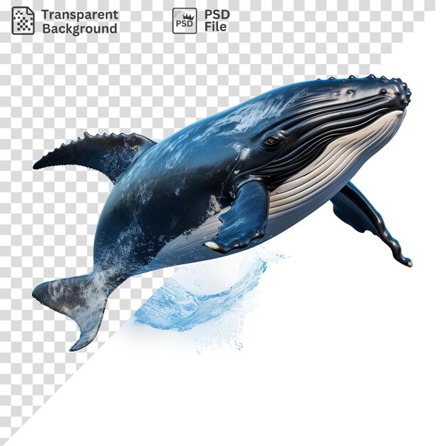 psd una ballena jorobada con una cola negra ojo negro y oreja puntiaguda nadando en el océano bajo un cielo blanco con un pie azul visible en la parte delantera