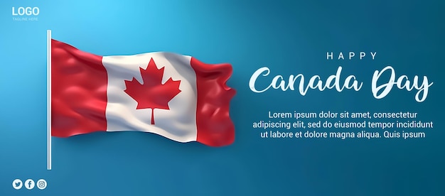 PSD Bandeira do dia do Canadá Feliz dia do Canadá Bandeira do Canadá em um fundo azul Bandeira canadense acenando