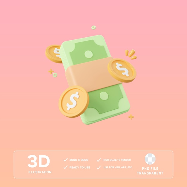 PSD-Banknote mit Dollarmünze 3D-Illustration