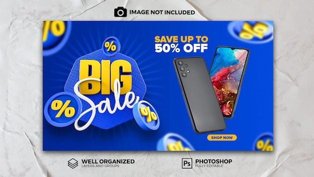 PSD Banner Big Sale 3d render sello plantilla de diseño de redes sociales hasta 50 de descuento