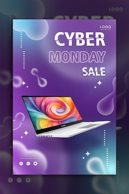 Psd-banner für cyber monday promo laptop farbenfrohe wellenwirbel-ereignisse auf der e-commerce-plattform