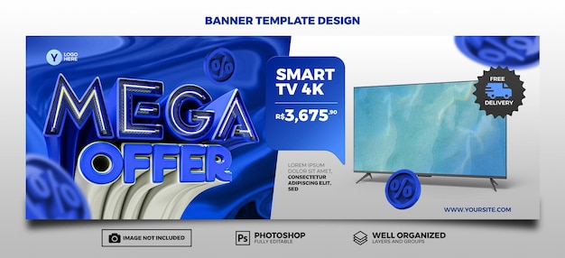 PSD Banner Mega Offer 3D render carimbo design de modelo de mídia social