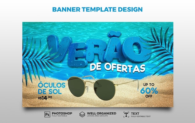 PSD psd banner venta de verano 3d render diseño de plantilla de redes sociales hasta 60 de descuento en portugués