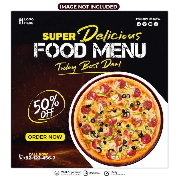 PSD psd-bannervorlage für köstliche pizza und essensmenüs in sozialen medien