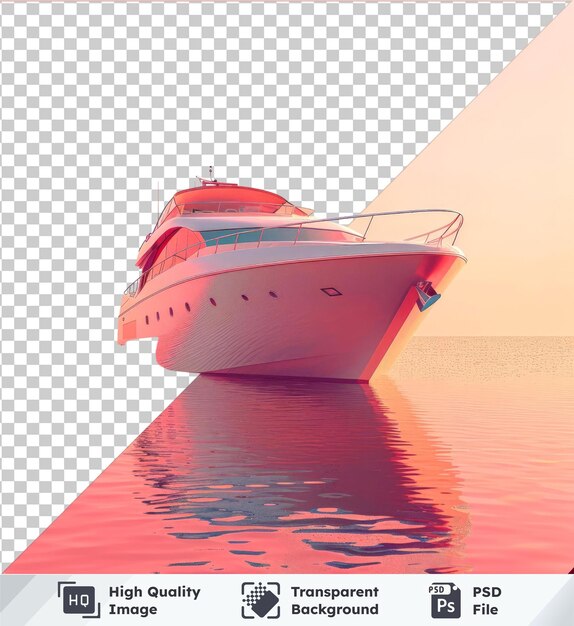 PSD psd avec bateau 3d transparent sur l'eau calme sous le ciel rose